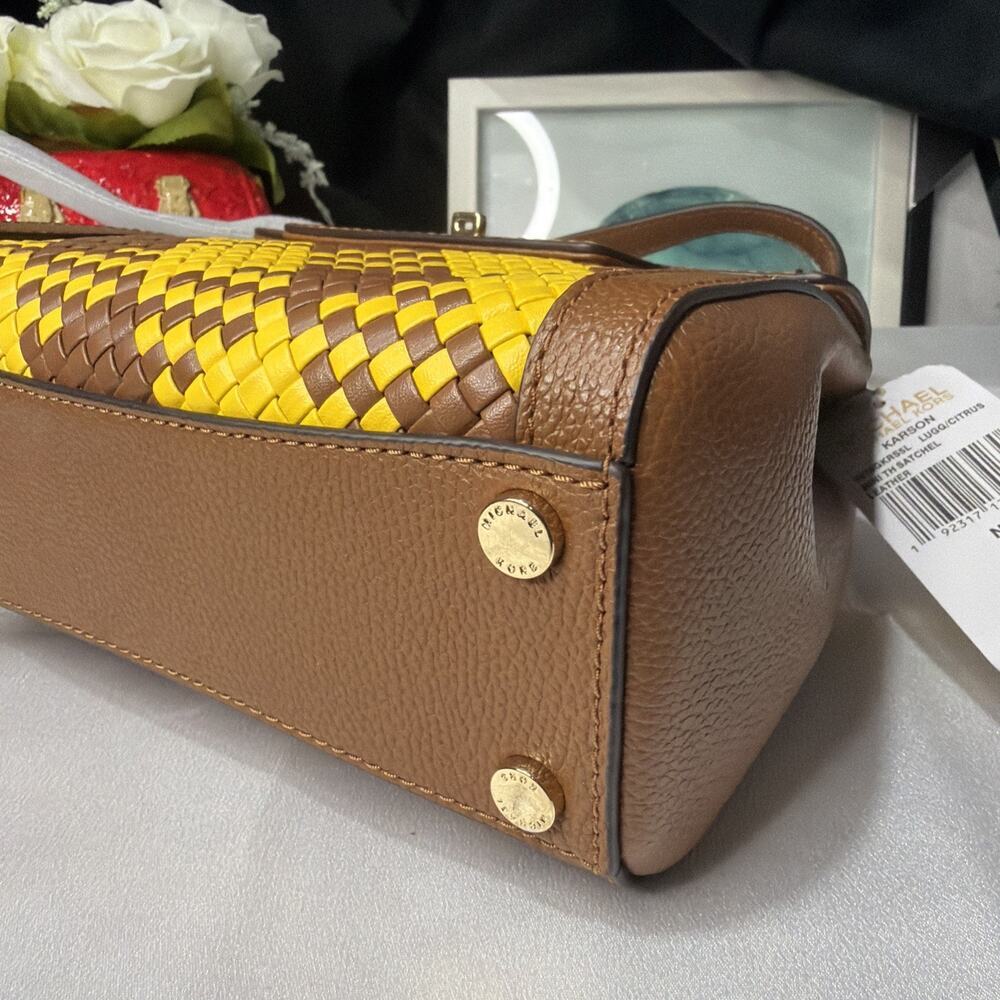 Michael Kors Karson Mini Bag Woven Yellow Leather Brown Top Handle B3M - Picture 6 of 13